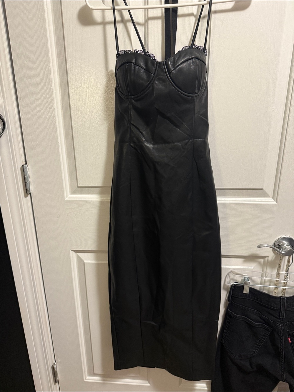 Hello Molly Black Faux Leather Midi Slip Dress with Lace Trim